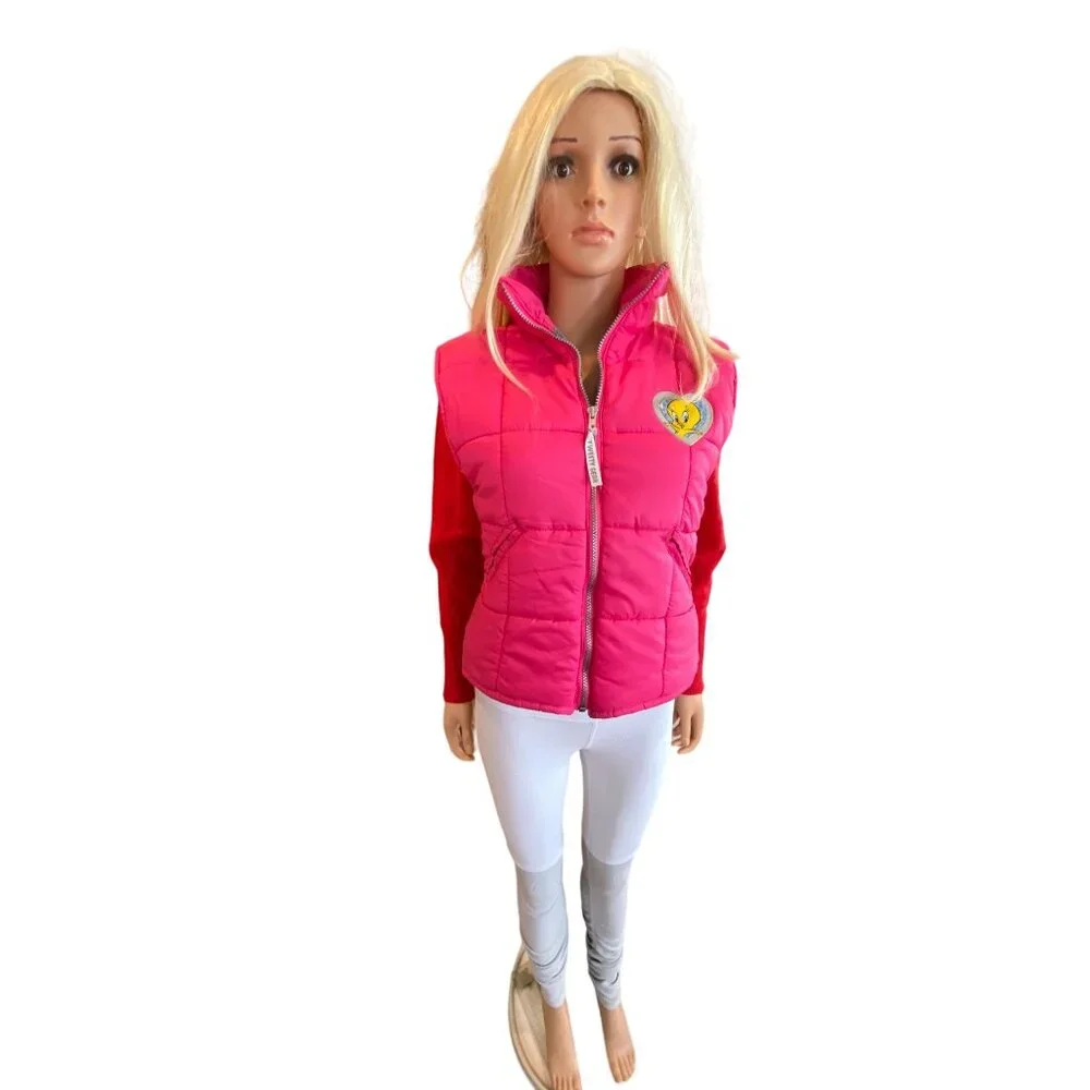 Vintage 90's Tweety Bird Looney Tunes Hot Pink Puffer Vest Junior 14/ Women S - Picture 12 of 14